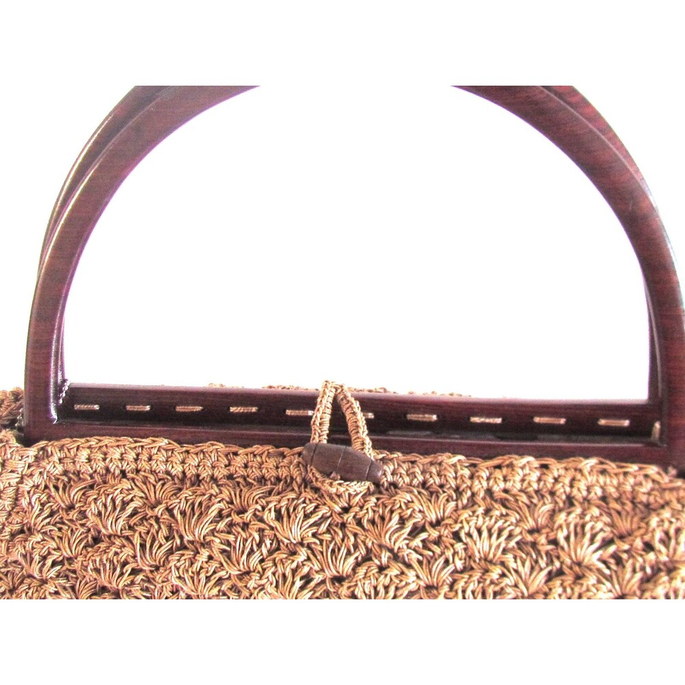 DESIGNER TOTE LE MONDE TAN CROCHET BROWN WOOD DOUBLE HANDLES BUTTON CLOSURE BAG - Picture 11 of 16